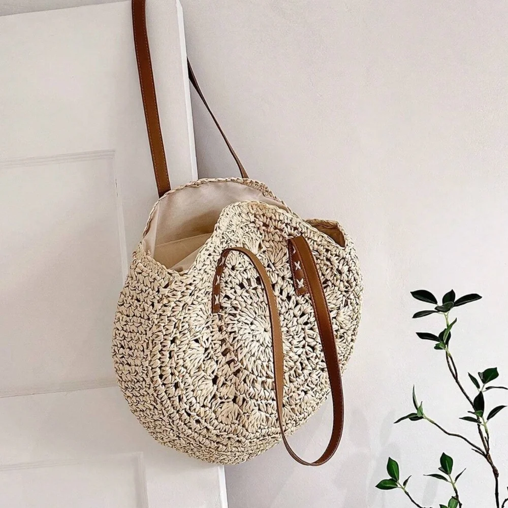 Oversized Straw Circular Lined Tote Shoulder Beach Bag - Picture 7 of 7